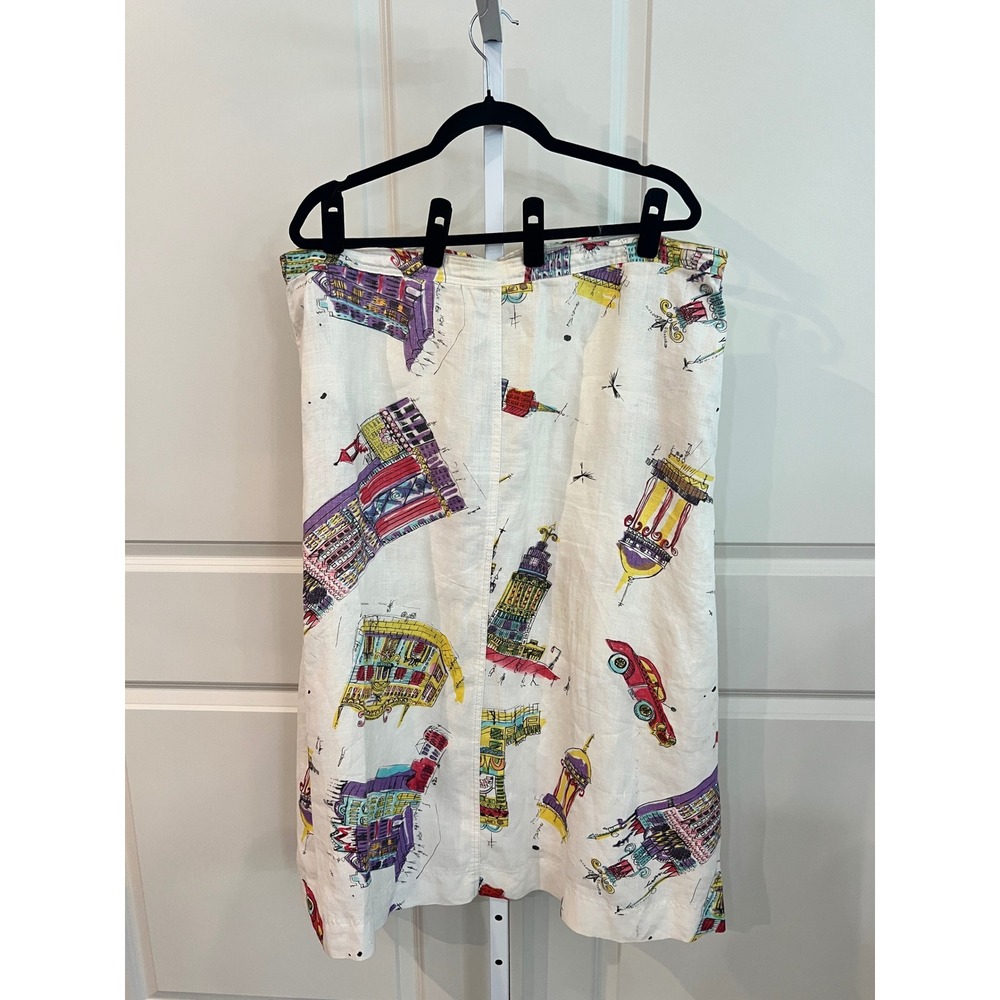 Vintage Gene Ewing Bis Linen Midi Skirt Architectural Building Print White L - Picture 2 of 7